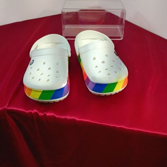 Crocs Men's SZ 5 Women's SZ 7 Rainbow Pride White Slip On Shoes Sandals - Picture 2 of 9